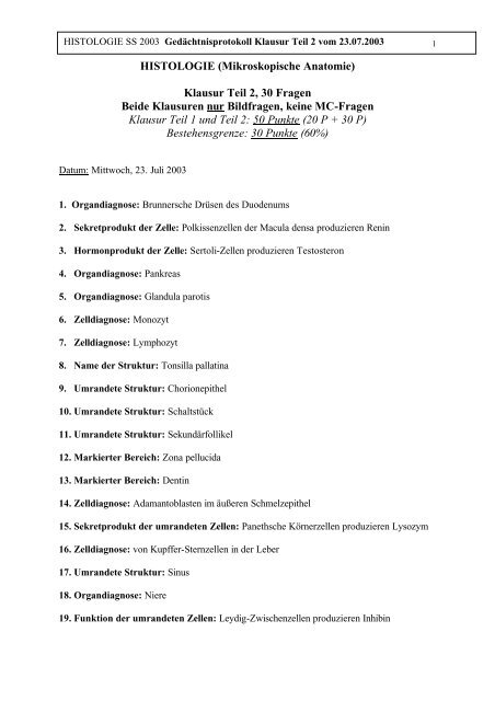 HISTOLOGIE (Mikroskopische Anatomie) Klausur Teil 2, 30 Fragen ...