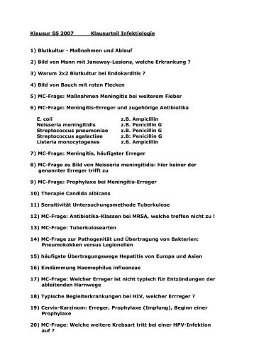 Klausur SS 2007 Klausurteil Infektiologie 1) Blutkultur ... - Mediwiki