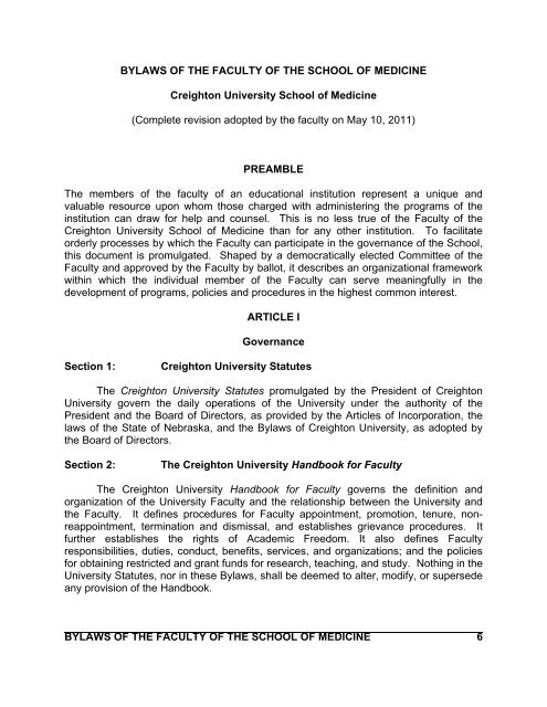 school of medicine bylaws of the faculty - Creighton University ...