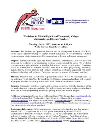Teacher's Workshop registration form - Institute for Operations ...