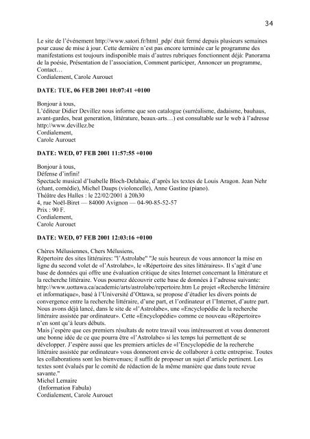 liste de discussion mélusine 2 001 - Centre de Recherche sur le ...