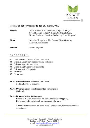 Referat af beboerrådsmøde 26.03.2009 - Akaciegården