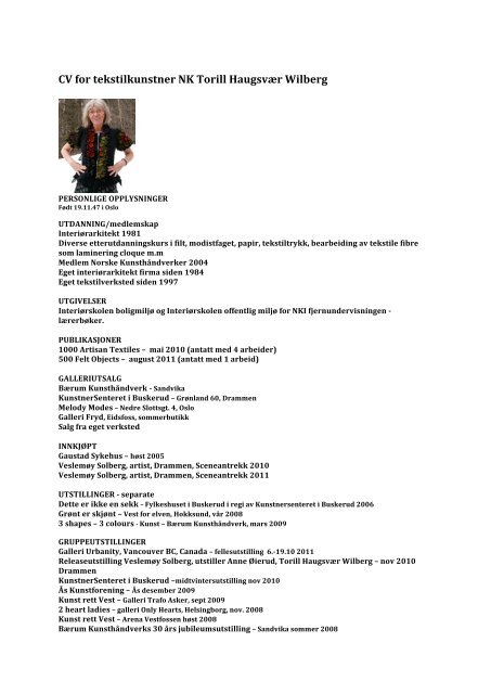 CV for tekstilkunstner NK Torill Haugsvær Wilberg - Velkommen