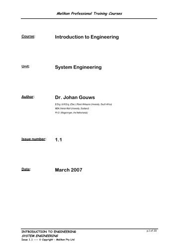Introduction to Engineering System Engineering Dr. Johan Gouws ...