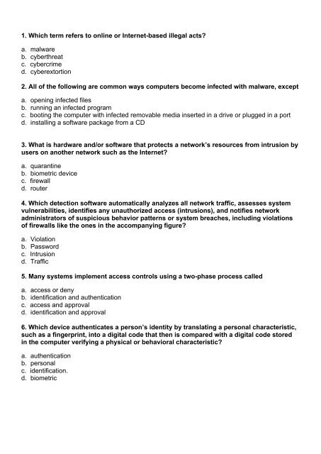 1. Which term refers to online or Internet-based illegal acts? a ...