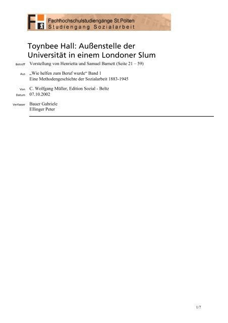 Toynbee Hall: Außenstelle der Universität in einem Londoner Slum