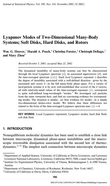 Lyapunov Modes of Two-Dimensional Many-Body Systems; Soft ...