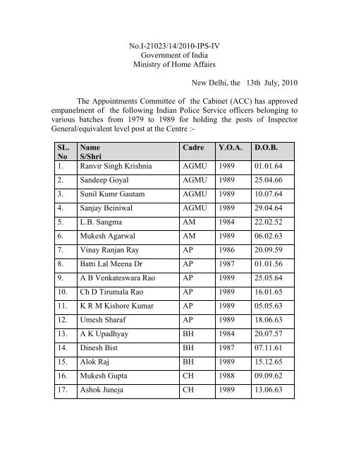 Empanelment Of The Following Ips Officers For Holding The Posts Of Ig