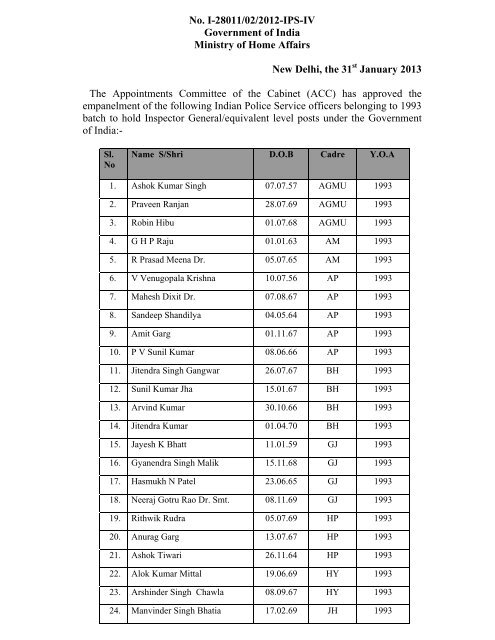 Empanelment of the following Indian Police Service officers ...