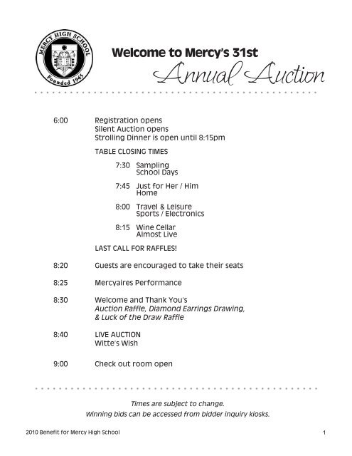 Welcome To Mercy's 31st Annual Auction - Mercy High School