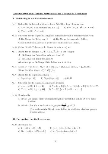 Arbeitsblätter zum Vorkurs Mathematik der Universität Hohenheim I ...