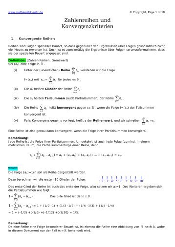 Zahlenreihen und Konvergenzkriterien - mathematik-netz.de