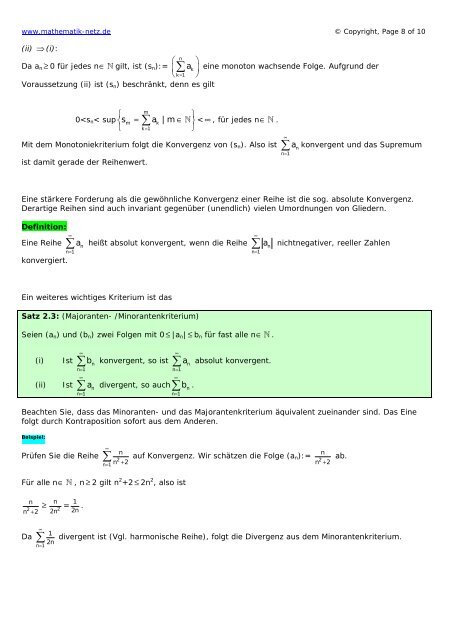 Zahlenreihen und Konvergenzkriterien - mathematik-netz.de
