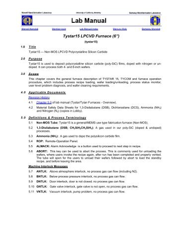 Chapter 5.15 - Tystar15 LPCVD Furnace (6") - Berkeley Microlab