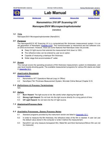 Nanometrics 210 XP Scanning UV Nanospec ... - Berkeley Microlab
