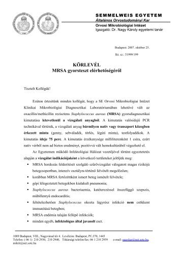 Az MRSA gyorsteszt elérhetősőgéről - Semmelweis Egyetem, Orvosi ...