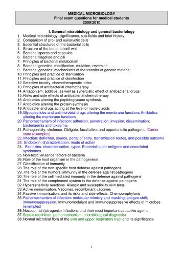 MEDICAL MICROBIOLOGY Final exam questions for medical students