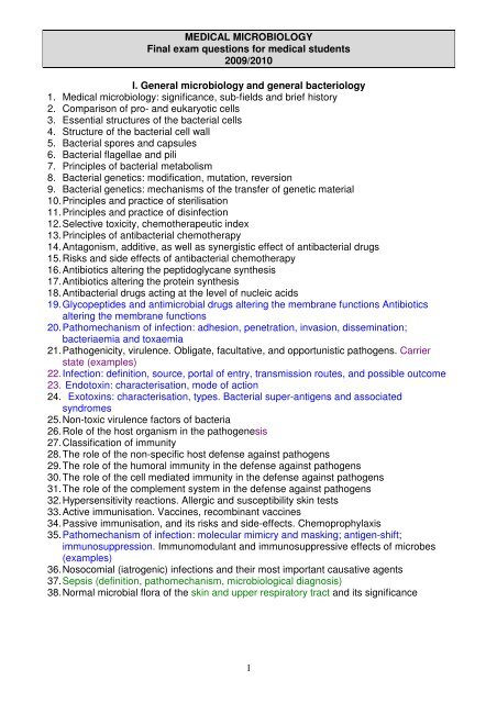 MEDICAL MICROBIOLOGY Final exam questions for medical students