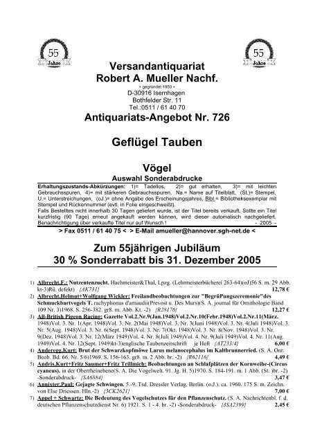 Antiquariats-Angebot Nr. 726 Geflügel Tauben Vögel - Antikbuch24