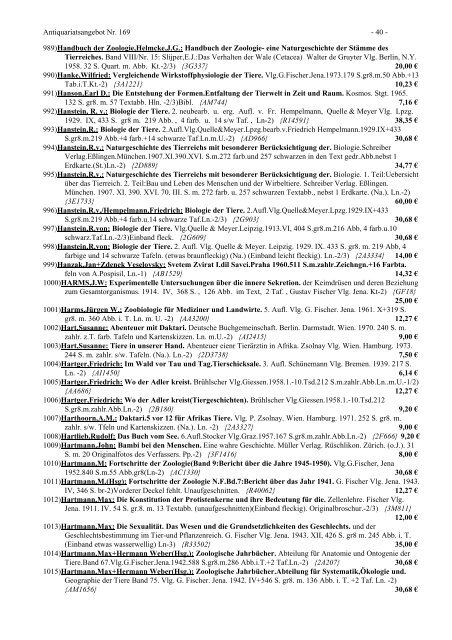Antiquariats-Angebot Nr. 169 Allgemeine Zoologie - Antikbuch24