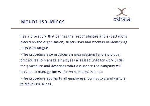 Xstrata fatigue management - Queensland Mining and Safety