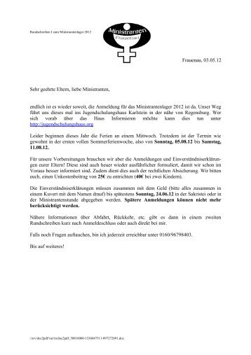 Rundschreiben I zum Lager 2012 - Ministranten Frauenau