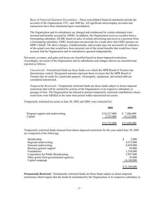 Report for FY 2005 - Minnesota Public Radio - American Public Media