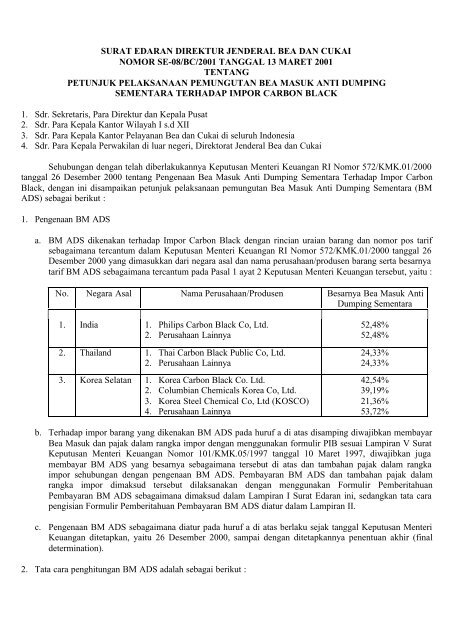 Surat Edaran Direktur Jenderal Bea Dan Cukai Nomor Se ... - Kambing UI