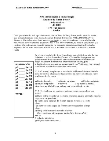 9.00 Introducción a la psicología Examen de Harry Potter 19 de ...