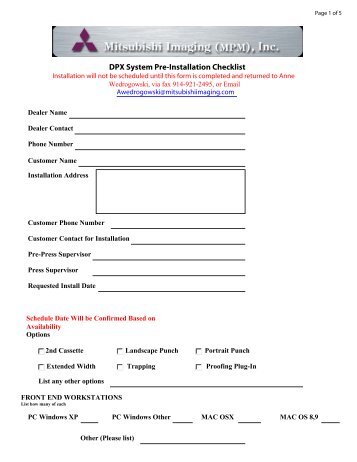 DPX System PreInstallation Checklist  MItsubishi Imaging