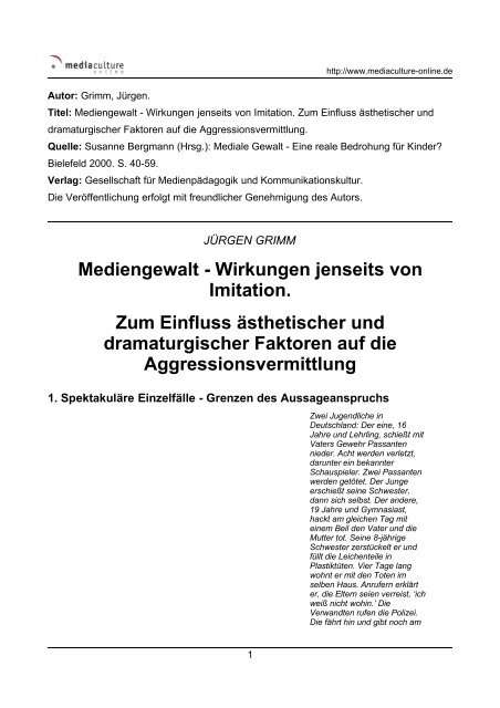 Mediengewalt - Wirkungen jenseits von Imitation. Zum Einfluss ...