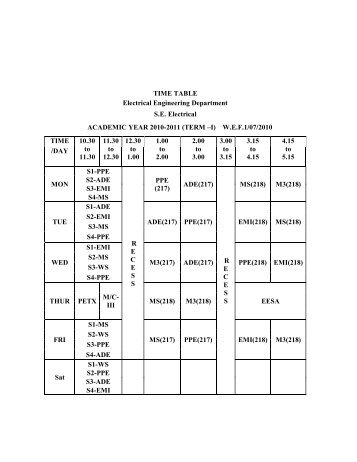 TIME TABLE Electrical Engineering Department S.E. Electrical ...