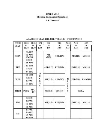 TIME TABLE Electrical Engineering Department T.E. Electrical ...