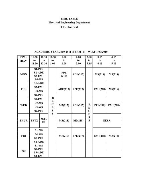 TIME TABLE Electrical Engineering Department T.E. Electrical ...