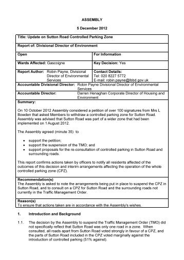 Update on Sutton Road Controlled Parking Zone Report of