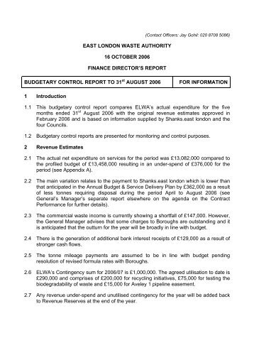 Budgetary Control Report to 31 August 2006 PDF 10 KB