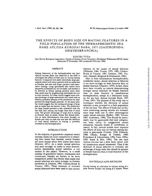 the effects of body size on mating features in a field population of ...
