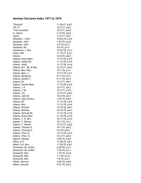 Itemizer Surname Index 1877 to 1878