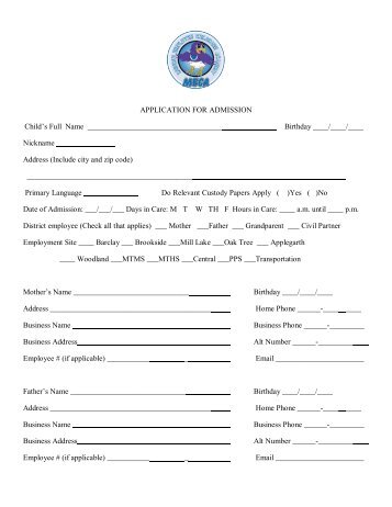 APPLICATION FOR ADMISSION Child's Full Name Birthday ____ ...