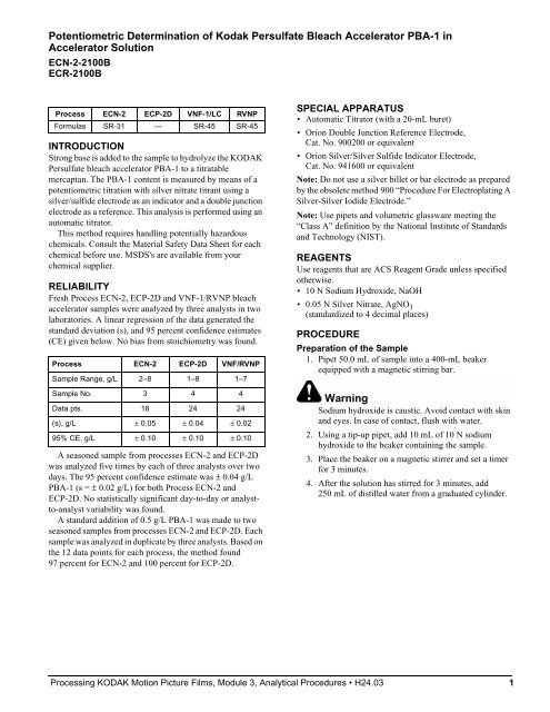 Processing kodak motion picture films, module 3 analytical procedures