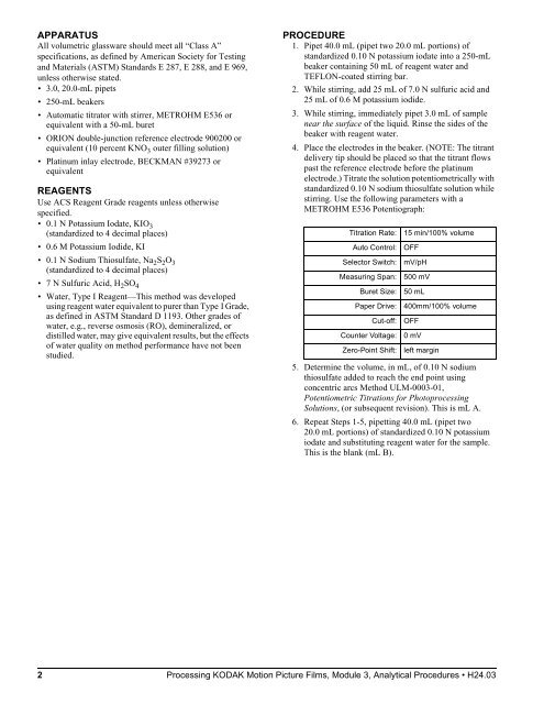 Processing kodak motion picture films, module 3 analytical procedures