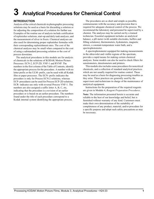 Processing kodak motion picture films, module 3 analytical procedures