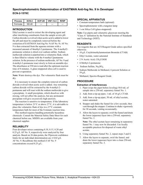 Processing kodak motion picture films, module 3 analytical procedures