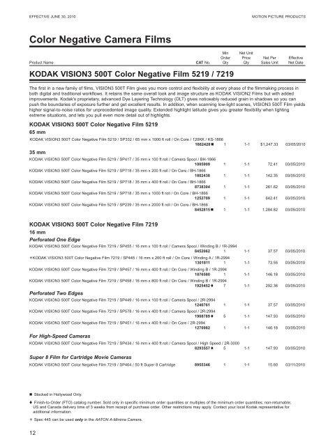 KODAK Motion Picture Products Price Catalog