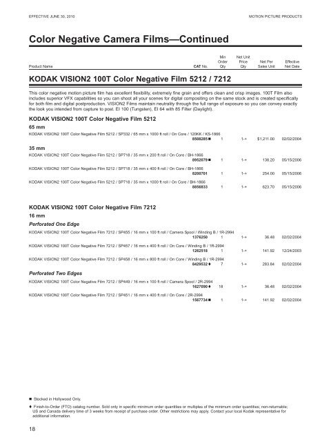 KODAK Motion Picture Products Price Catalog