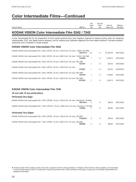 KODAK Motion Picture Products Price Catalog