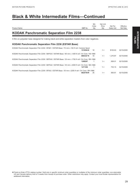 KODAK Motion Picture Products Price Catalog