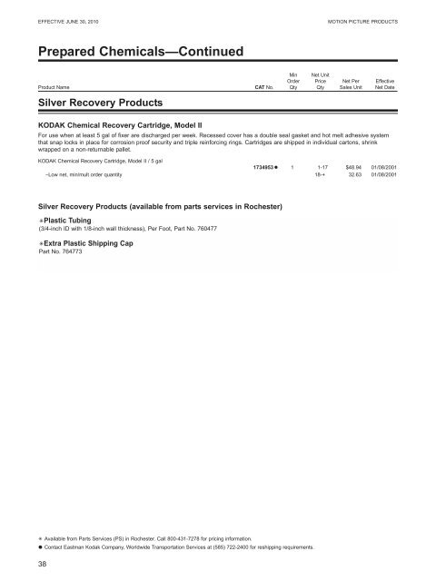 KODAK Motion Picture Products Price Catalog