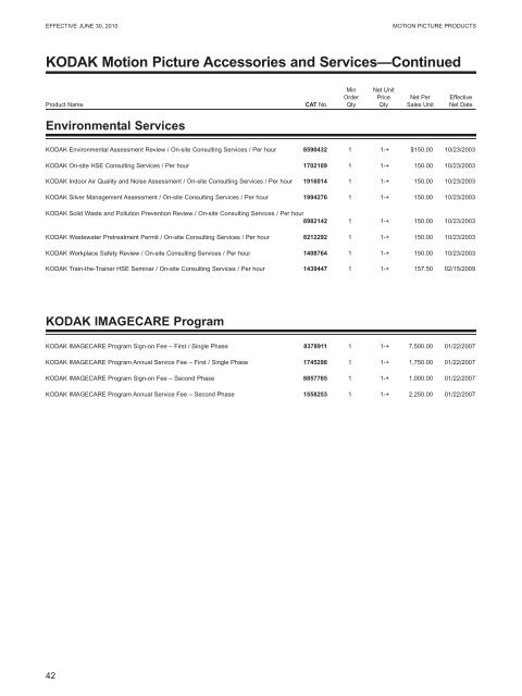 KODAK Motion Picture Products Price Catalog