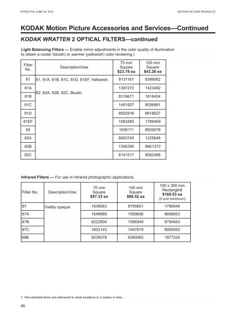 KODAK Motion Picture Products Price Catalog